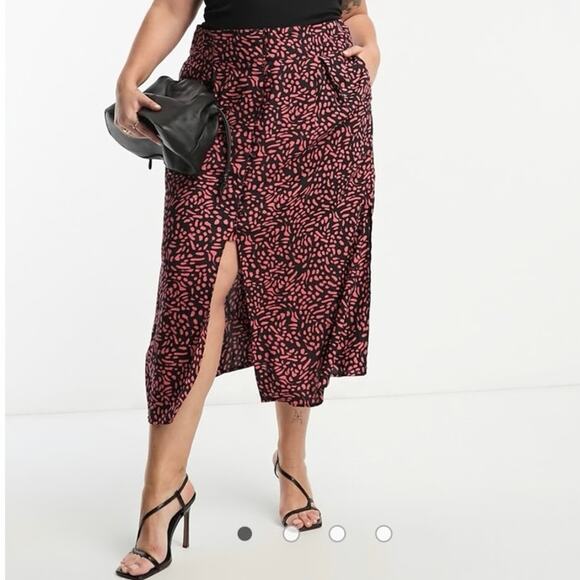 ASOS Curve Black and Pink Patterned Midi Skirt - Picture 1 of 5